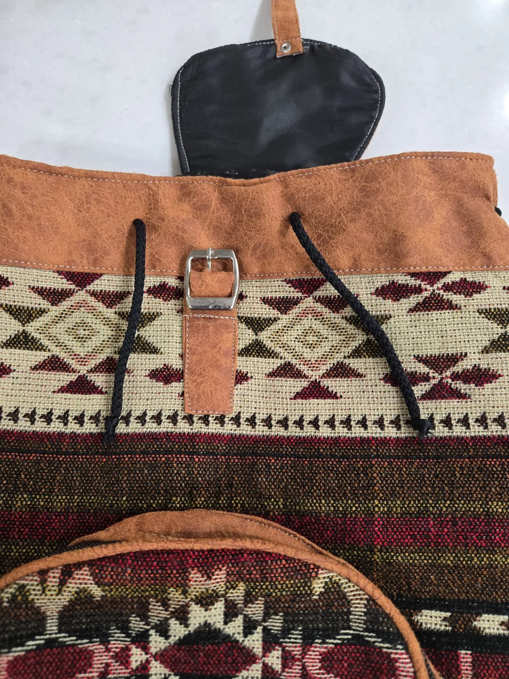 Boho Tribal Canvas Backpack with Tan Suede Trim